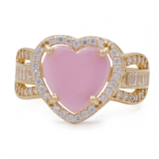 14K Yellow Gold Fashion Pink Stone Heart with Cubic Zirconias Ring