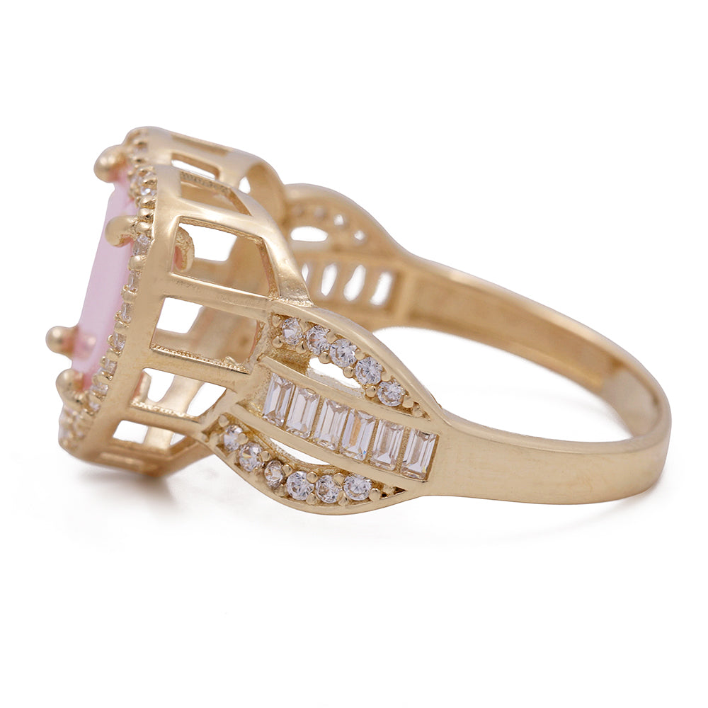 14K Yellow Gold Fashion Pink Stone Heart with Cubic Zirconias Ring