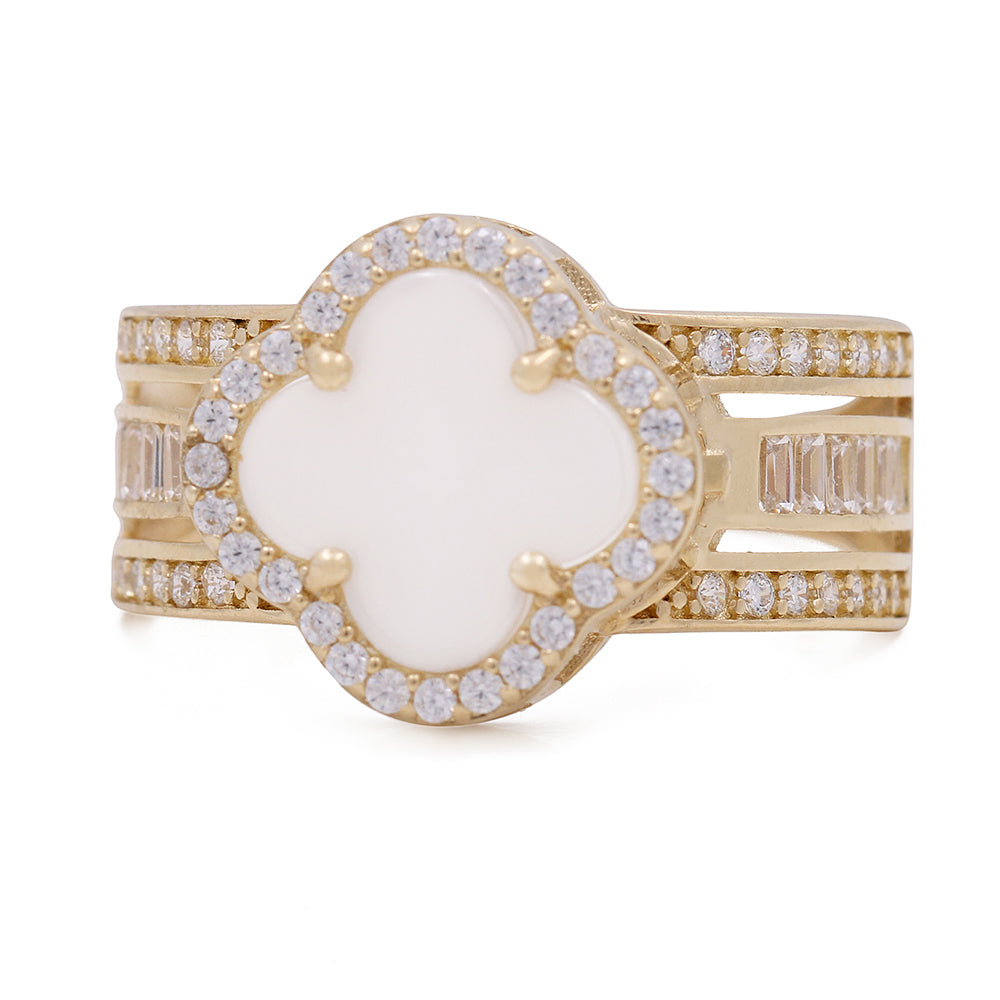 14K Yellow Gold Fashion Mother of Pearl Flower with Cubic Zirconias Ring