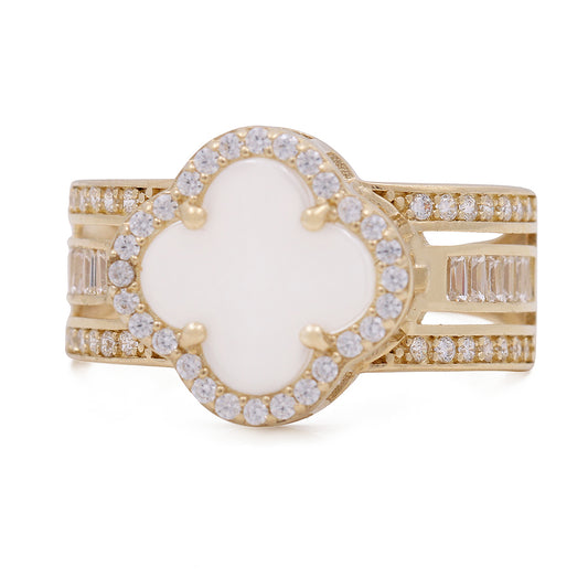 14K Yellow Gold Fashion Mother of Pearl Flower with Cubic Zirconias Ring