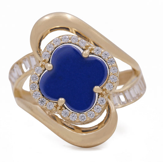 14K Yellow Gold Fashion Blue Stone Flower with Cubic Zirconias Ring