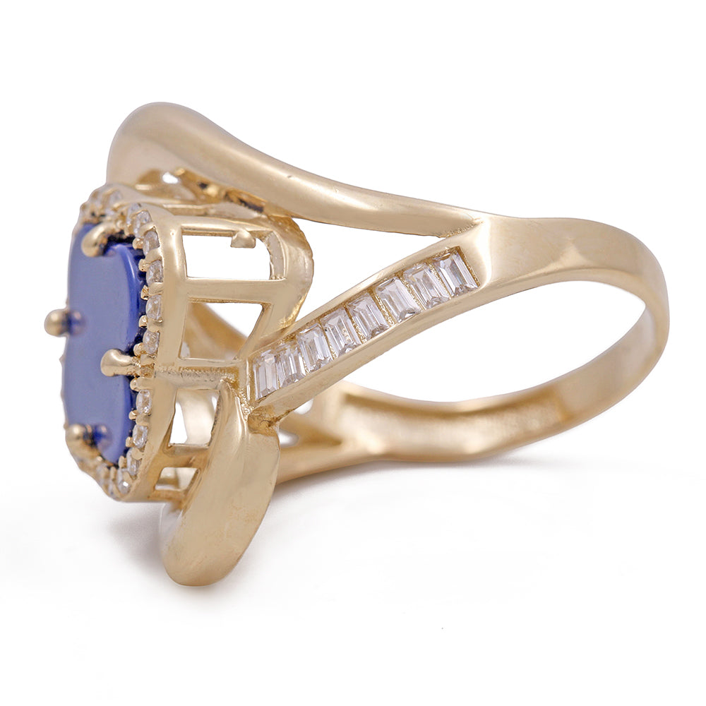 14K Yellow Gold Fashion Blue Stone Flower with Cubic Zirconias Ring