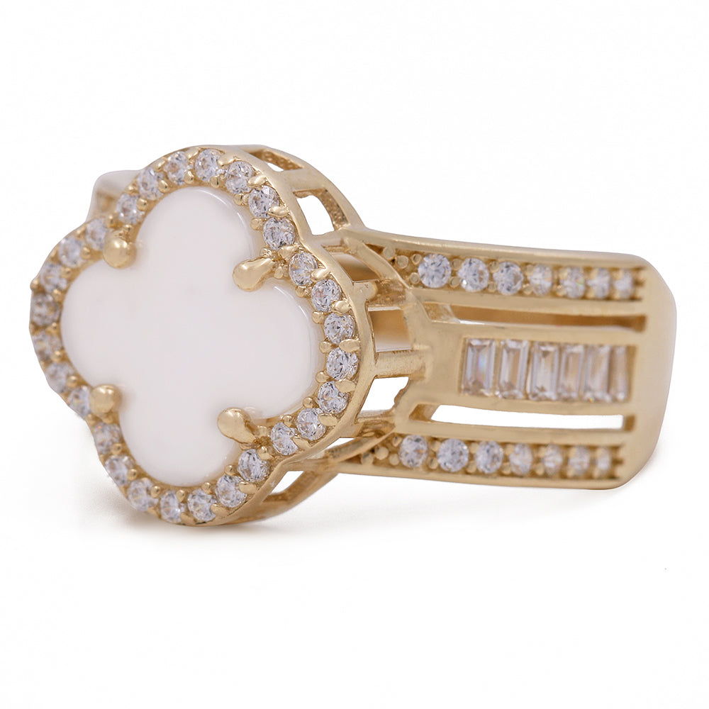 14K Yellow Gold Fashion Mother of Pearl Flower with Cubic Zirconias Ring