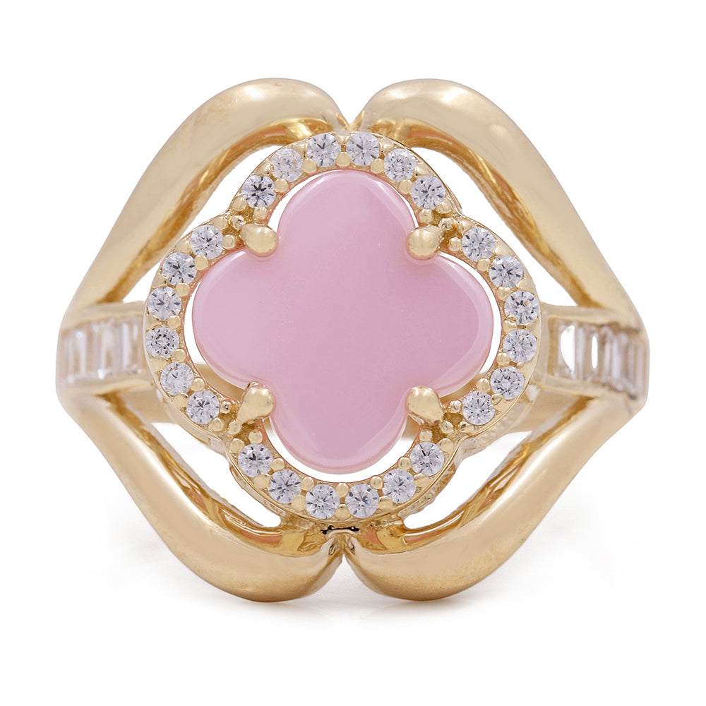14K Yellow Gold Fashion Ring with Pink Flower Center Stone and Cubic Zirconias