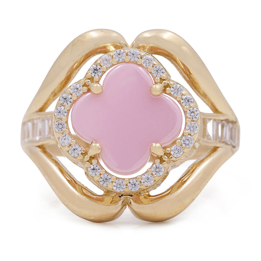 14K Yellow Gold Fashion Ring with Pink Flower Center Stone and Cubic Zirconias