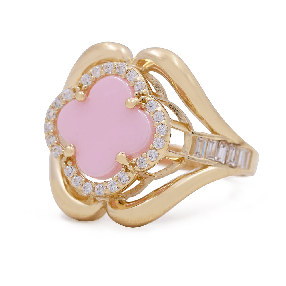 14K Yellow Gold Fashion Ring with Pink Flower Center Stone and Cubic Zirconias