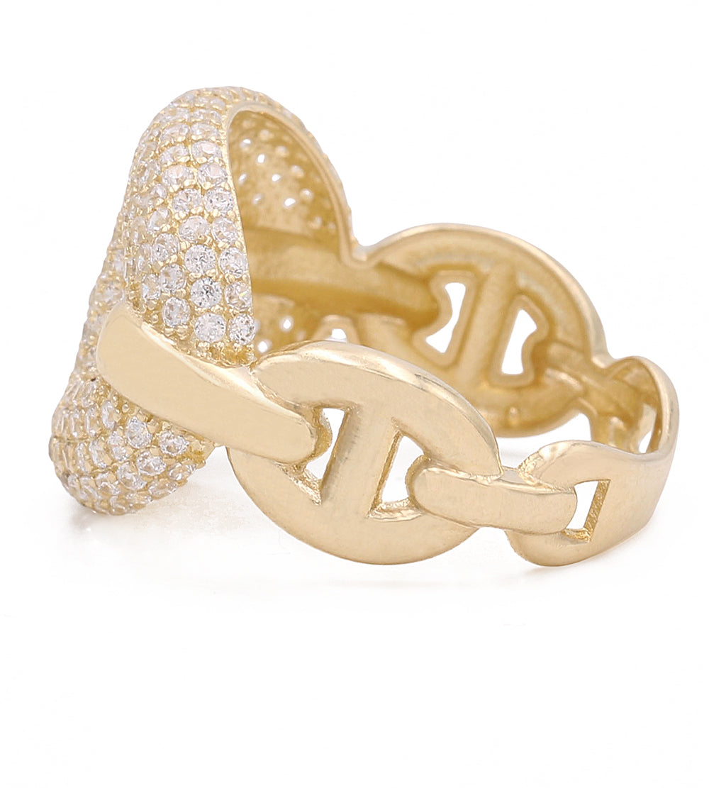 14K Yellow Gold Fashion Link Ring with Cubic Zirconias