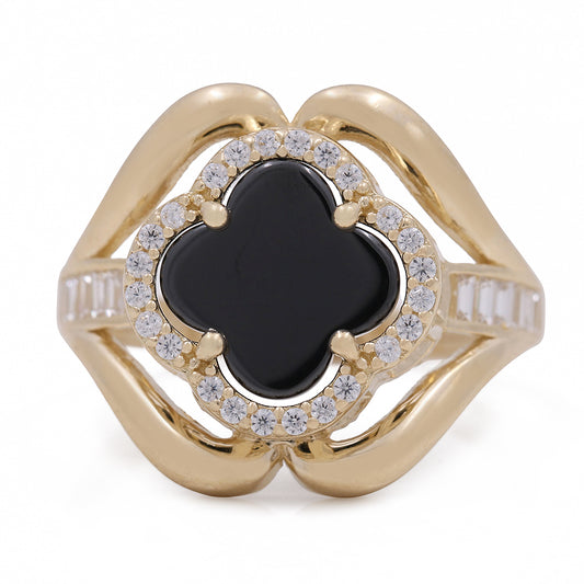 14K Yellow Gold Fashion Ring with Onyx Flower Center Stone and Cubic Zirconias