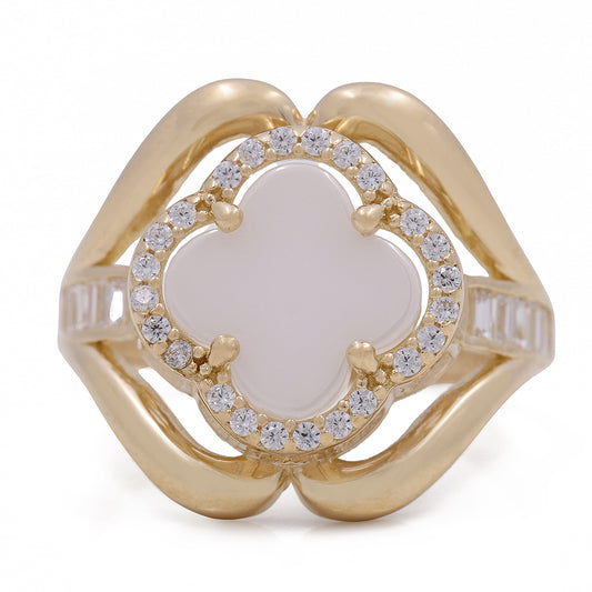 14K Yellow Gold Fashion Ring with Mother of Pearl Flower Center Stone and Cubic Zirconias
