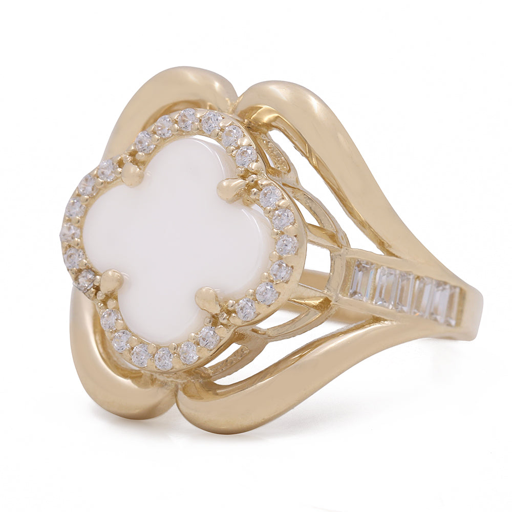 14K Yellow Gold Fashion Ring with Mother of Pearl Flower Center Stone and Cubic Zirconias