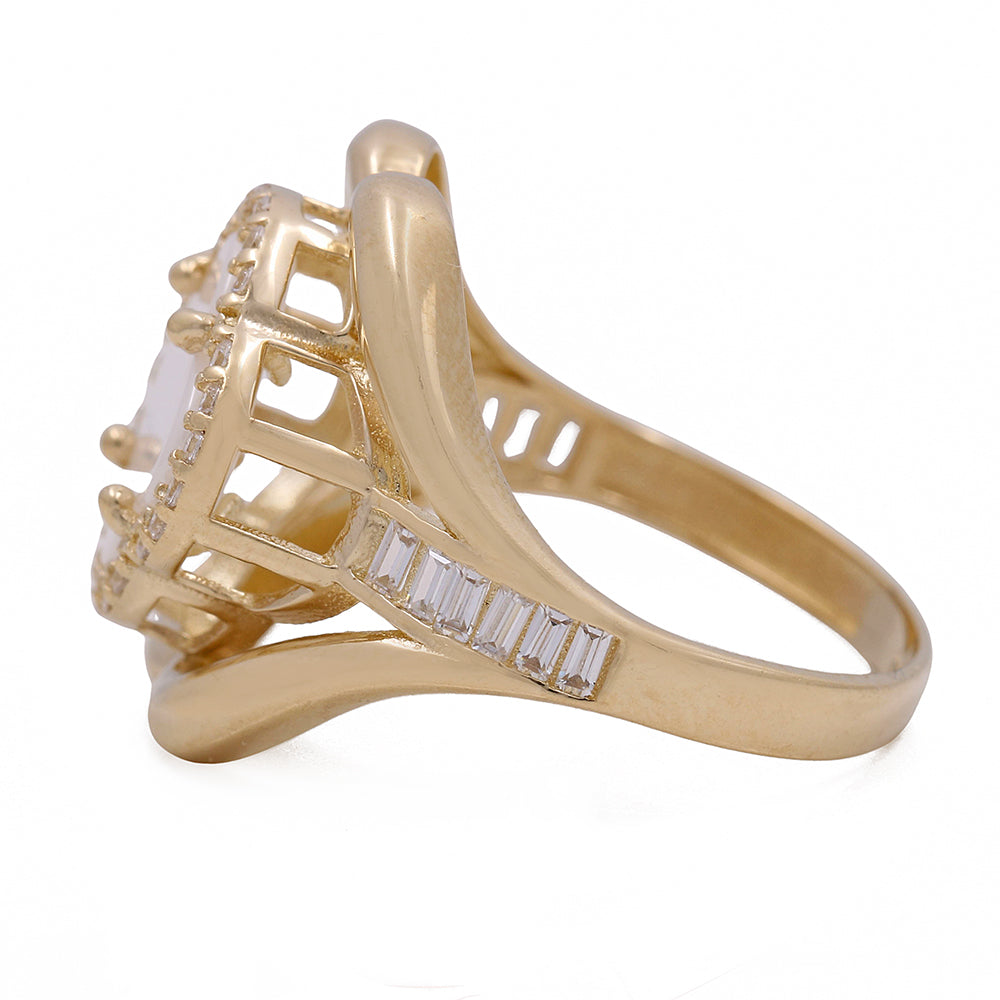 14K Yellow Gold Fashion Ring with Mother of Pearl Flower Center Stone and Cubic Zirconias