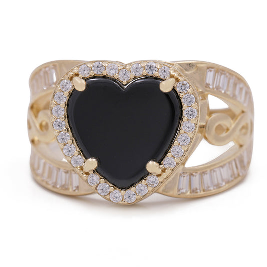 14K Yellow Gold Fashion Ring with Onyx Heart Center Stone and Cubic Zirconias