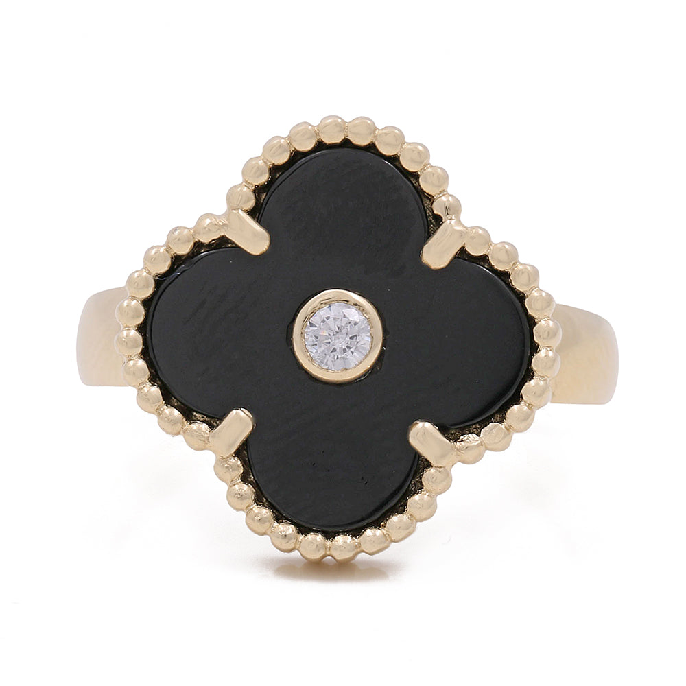 14K Yellow Gold with Black Onyx and Cubic Zirconias Flower Fashion Ring
