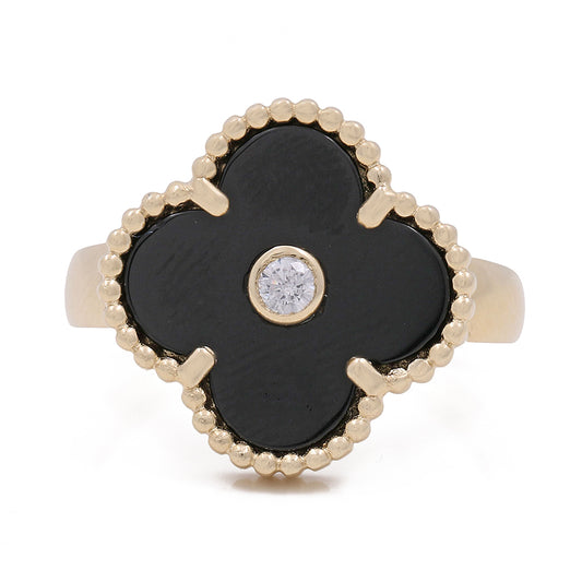 14K Yellow Gold with Black Onyx and Cubic Zirconias Flower Fashion Ring