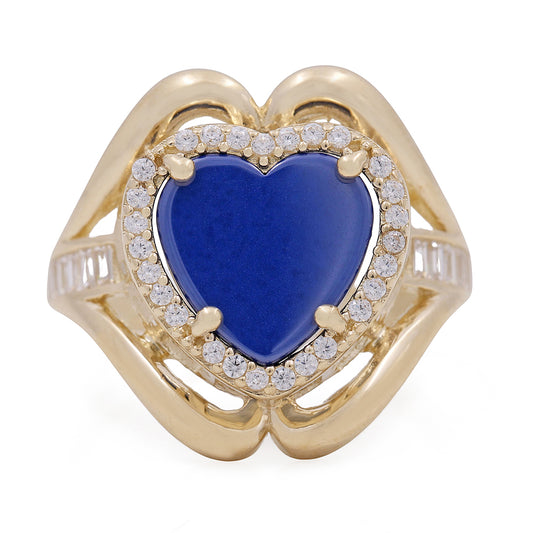 14K Yellow Gold Fashion Ring with Blue Heart Center Stone and Cubic Zirconias
