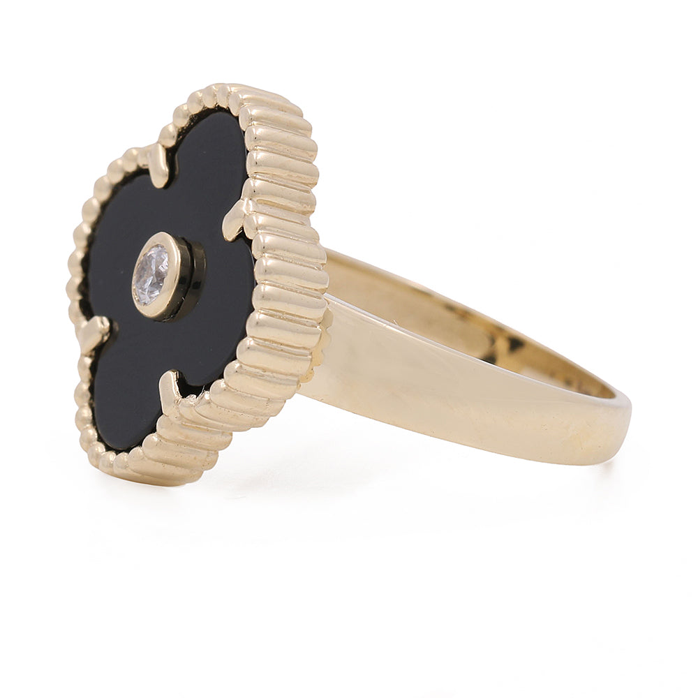 14K Yellow Gold with Black Onyx and Cubic Zirconias Flower Fashion Ring
