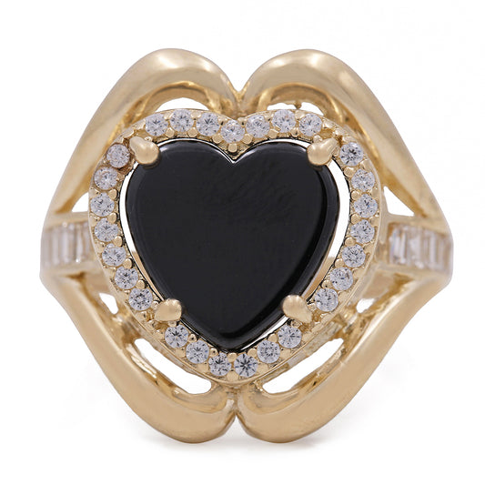 14K Yellow Gold Fashion Ring with Onyx Heart Center Stone and Cubic Zirconias