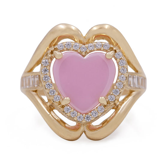 14K Yellow Gold Fashion Ring with Pink Heart Center Stone and Cubic Zirconias