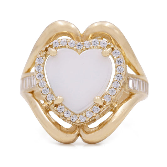 14K Yellow Gold Fashion Ring with Mother of Pearl Center Stone and Cubic Zirconias