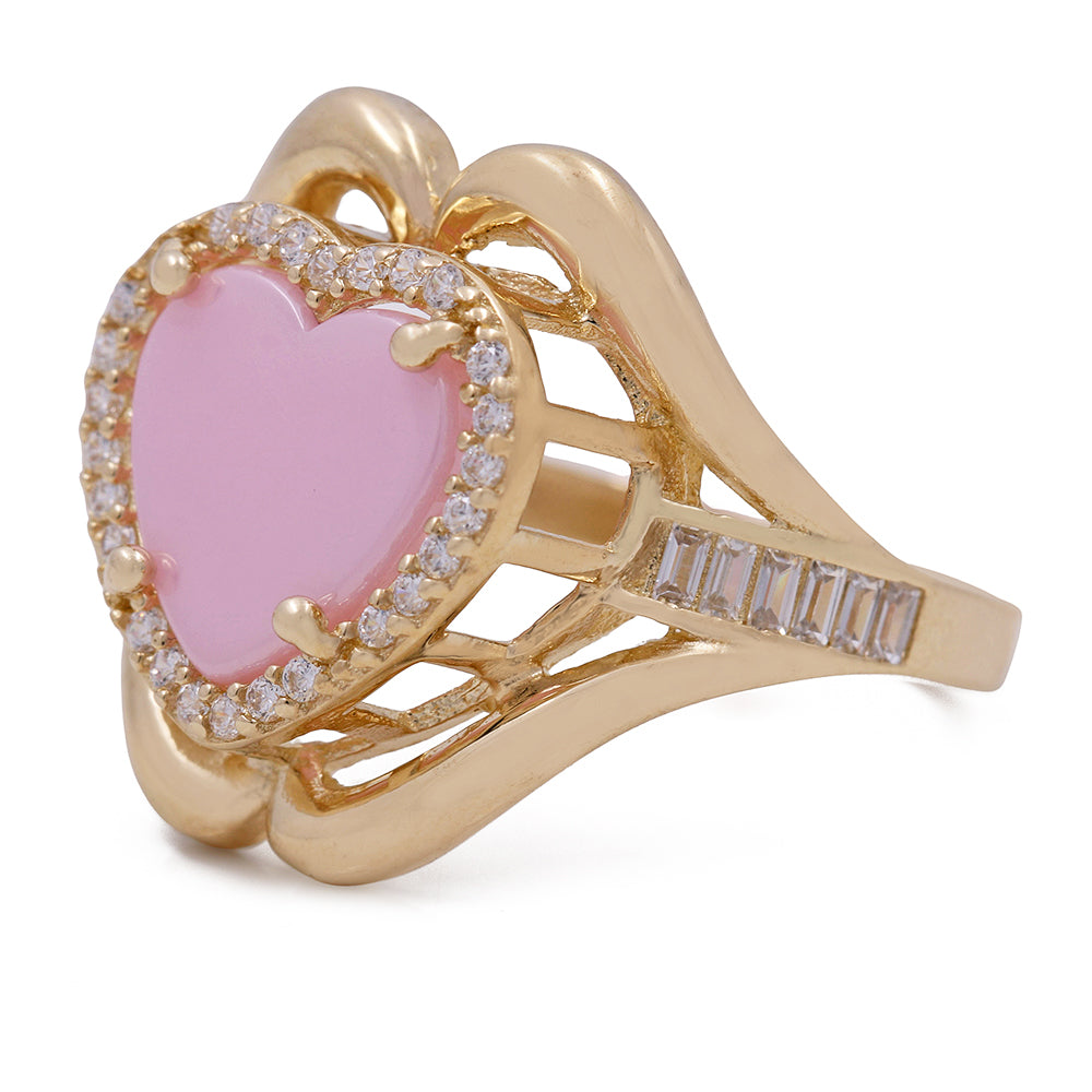 14K Yellow Gold Fashion Ring with Pink Heart Center Stone and Cubic Zirconias
