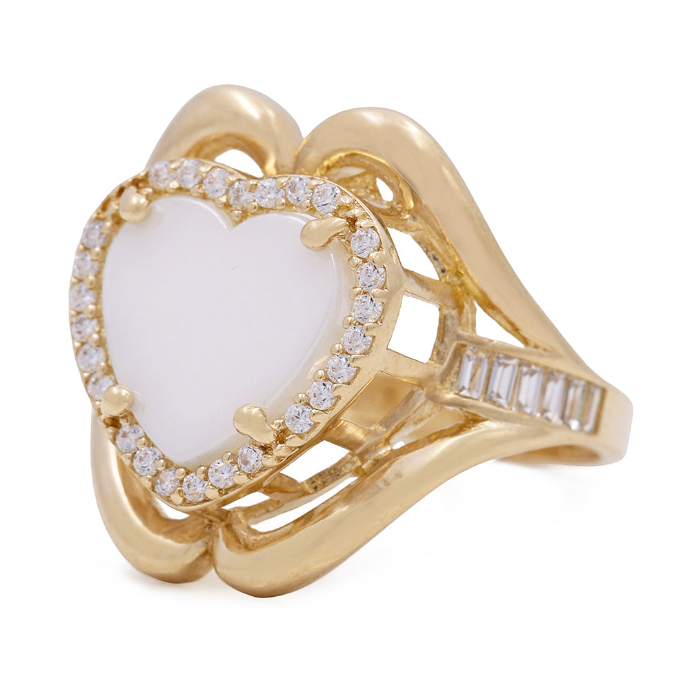14K Yellow Gold Fashion Ring with Mother of Pearl Center Stone and Cubic Zirconias