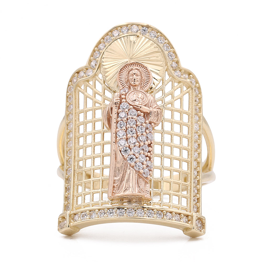14K Yellow and Rose Gold Jesus Ring with Cubic Zirconias