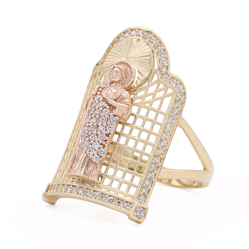 14K Yellow and Rose Gold Jesus Ring with Cubic Zirconias