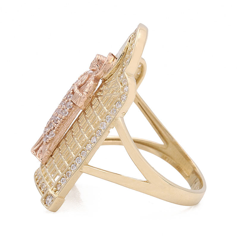 14K Yellow and Rose Gold Jesus Ring with Cubic Zirconias