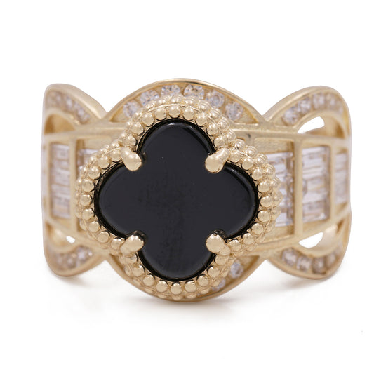 14K Yellow Gold Fashion Ring with Black Onyx and Cubic Zirconias