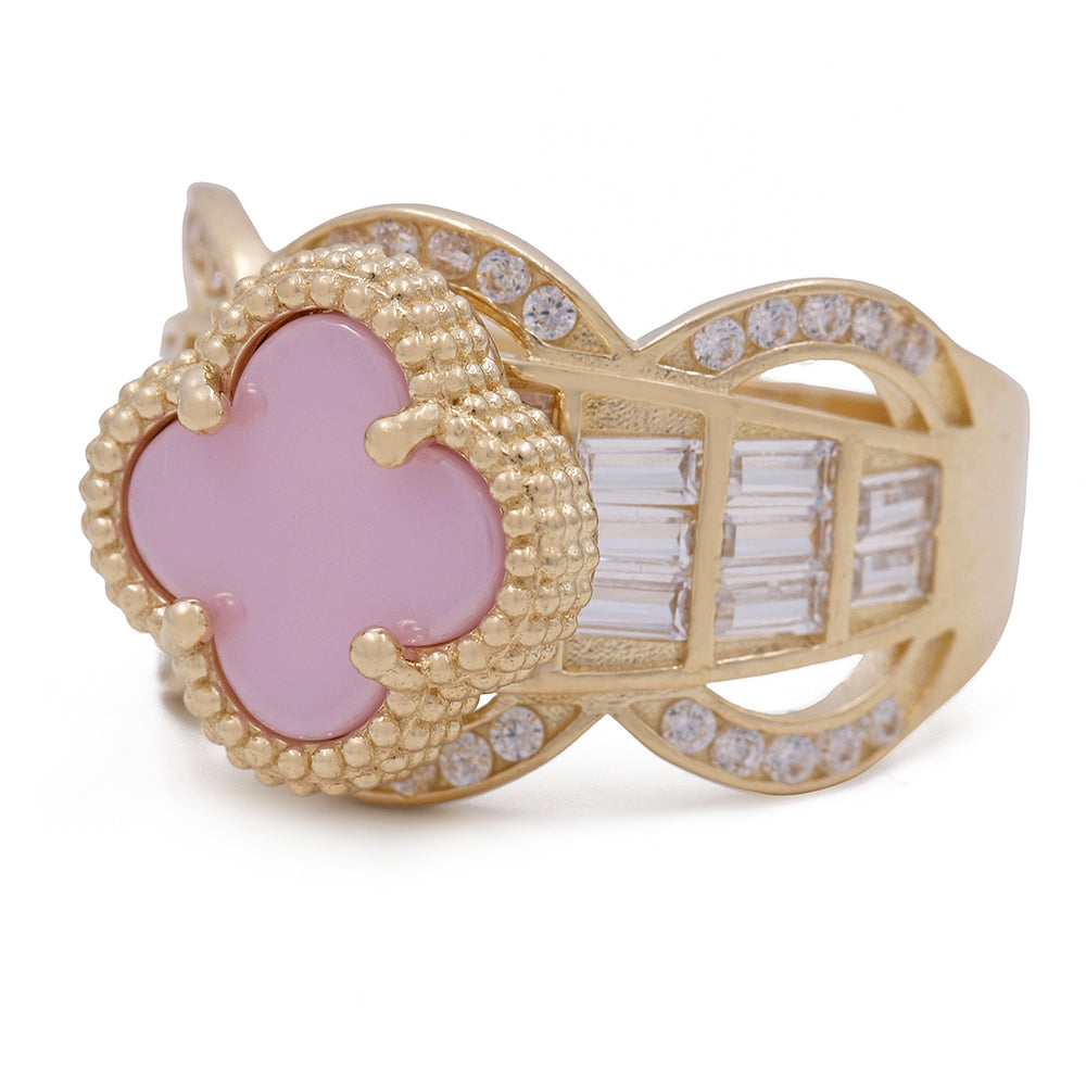 14K Yellow Gold Fashion Ring with Pink Color Stone and Cubic Zirconias