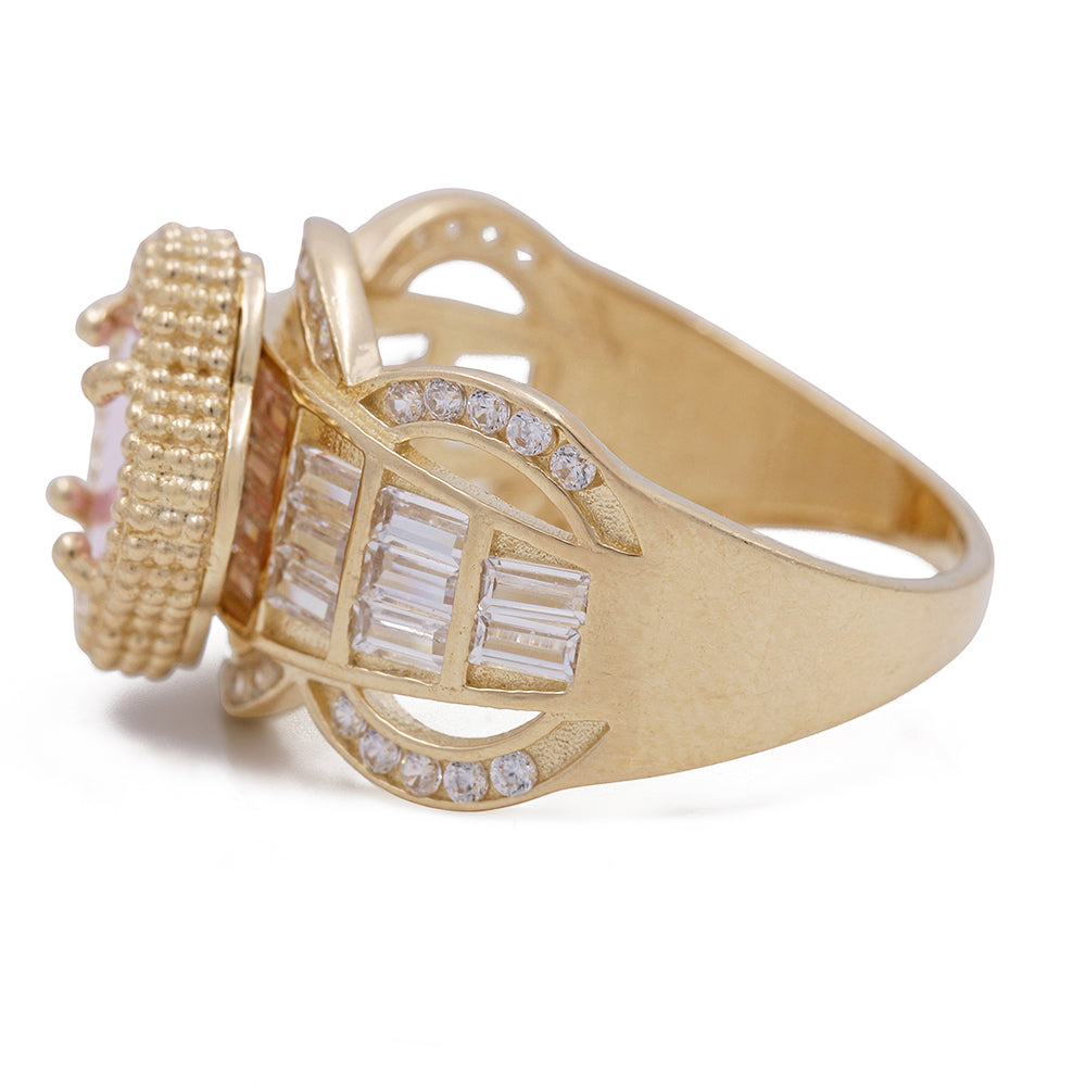 14K Yellow Gold Fashion Ring with Pink Color Stone and Cubic Zirconias
