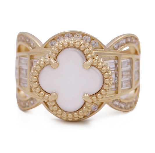 14K Yellow Gold Fashion Ring with Mother of Pearl and Cubic Zirconias