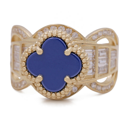 14K Yellow Gold Fashion Ring with Blue Color Stone and Cubic Zirconias