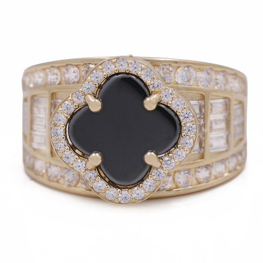 14K Yellow Gold Fashion Ring with Black Onyx and Cubic Zirconias