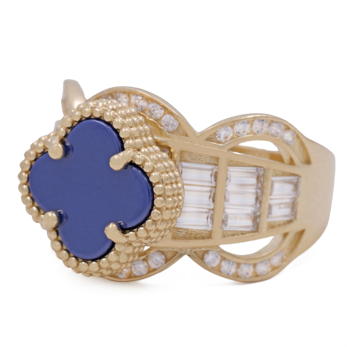 14K Yellow Gold Fashion Ring with Blue Color Stone and Cubic Zirconias