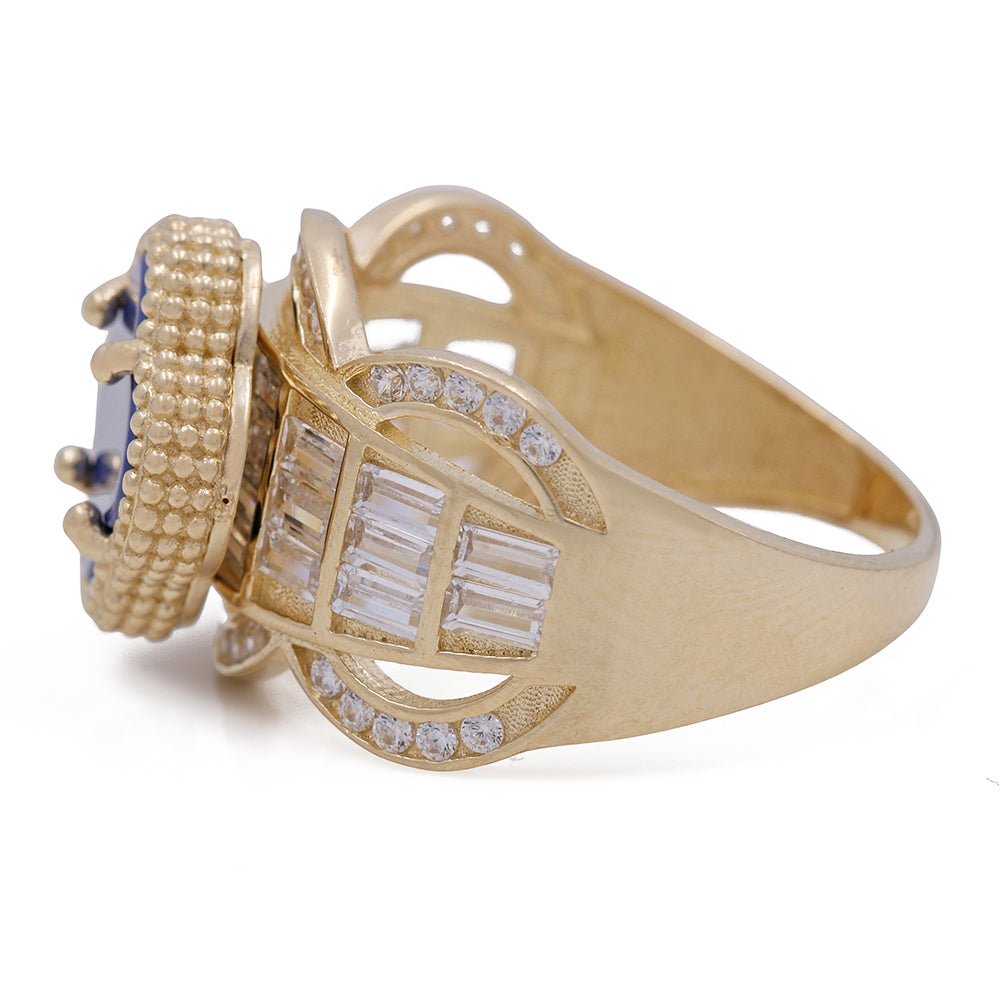 14K Yellow Gold Fashion Ring with Blue Color Stone and Cubic Zirconias