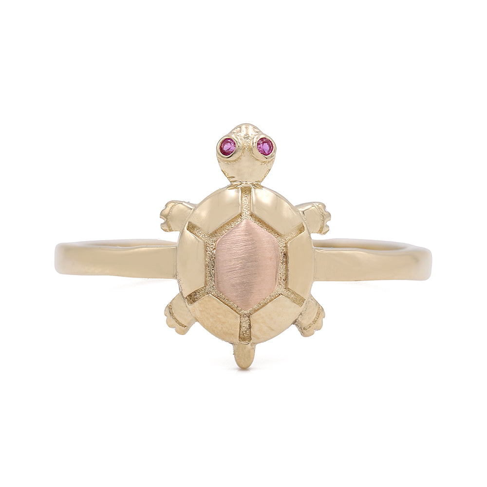 14K Yellow and Rose Gold Fashion Turtle  Ring with Color Stones