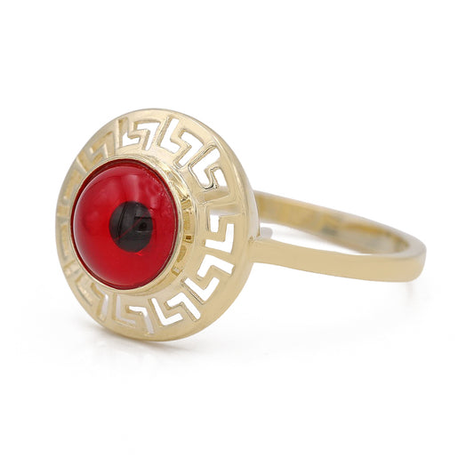 14K Yellow Gold Fashion Red Evil Eye Ring