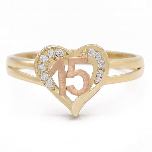 14K Yellow and Rose Gold Sweet 15 Heart Shape Ring