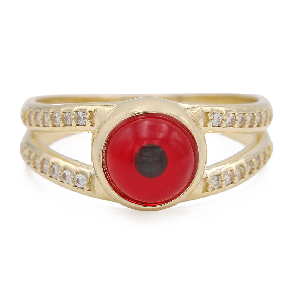 14K Yellow Gold Fashion Red Evil Eye Ring with Cubic Zirconias
