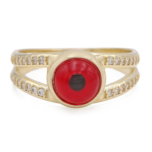 14K Yellow Gold Fashion Red Evil Eye Ring with Cubic Zirconias