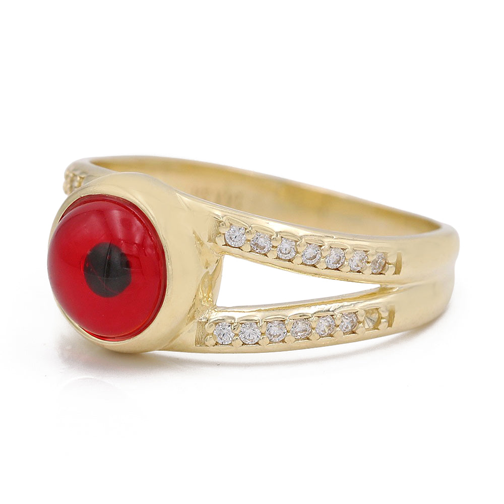 14K Yellow Gold Fashion Red Evil Eye Ring with Cubic Zirconias