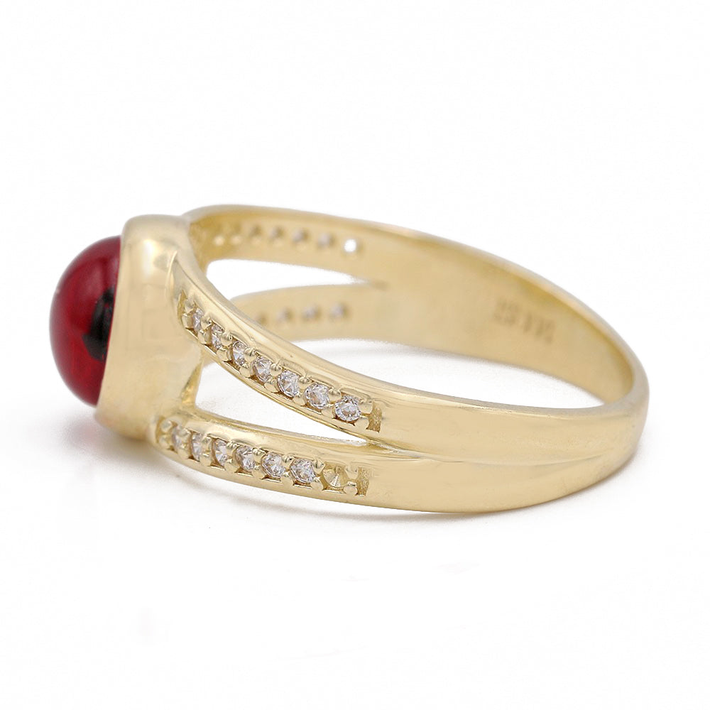 14K Yellow Gold Fashion Red Evil Eye Ring with Cubic Zirconias