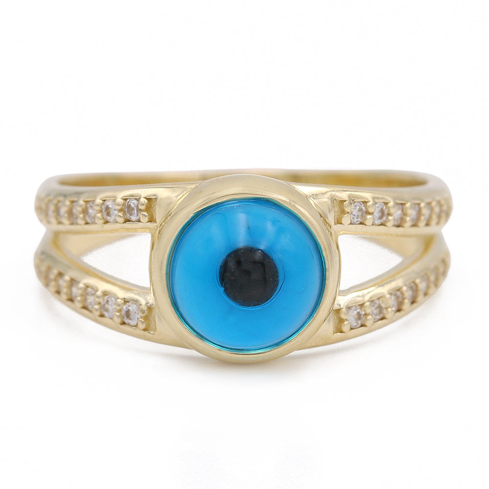 14K Yellow Gold Fashion Blue Evil Eye Ring with Cubic Zirconias
