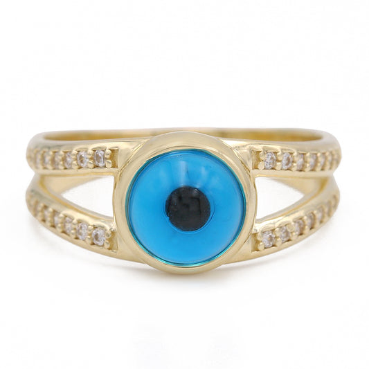 14K Yellow Gold Fashion Blue Evil Eye Ring with Cubic Zirconias