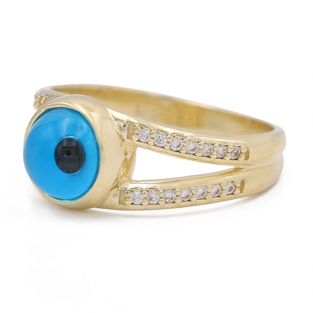 14K Yellow Gold Fashion Blue Evil Eye Ring with Cubic Zirconias