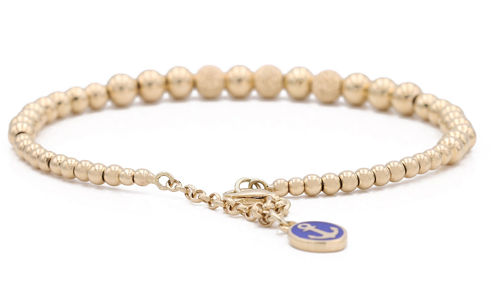 14K Yellow Gold Fashion Beads with Colors Stone and Anchor Inlay Bracelet