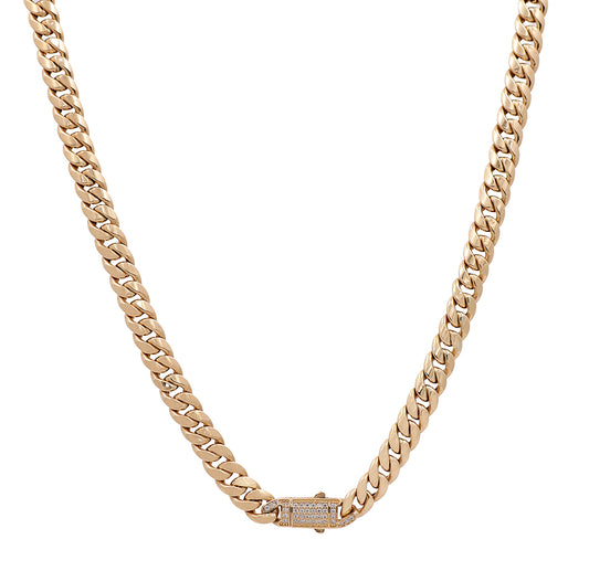 14K Yellow Gold Semi-Solid Cuban Link Chain with Cubic Zirconias