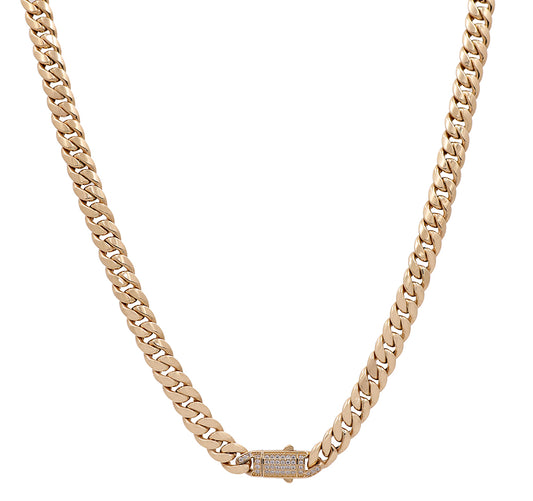 14K Yellow Gold Semi-Solid Cuban Link Men's Chain with Cubic Zirconias