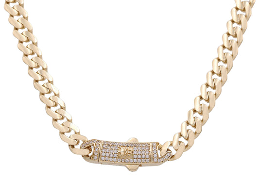 14K Yellow Gold Fashion Semi-Solid Monaco Link Necklace with Cubic Zirconias